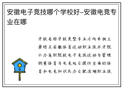 安徽电子竞技哪个学校好-安徽电竞专业在哪